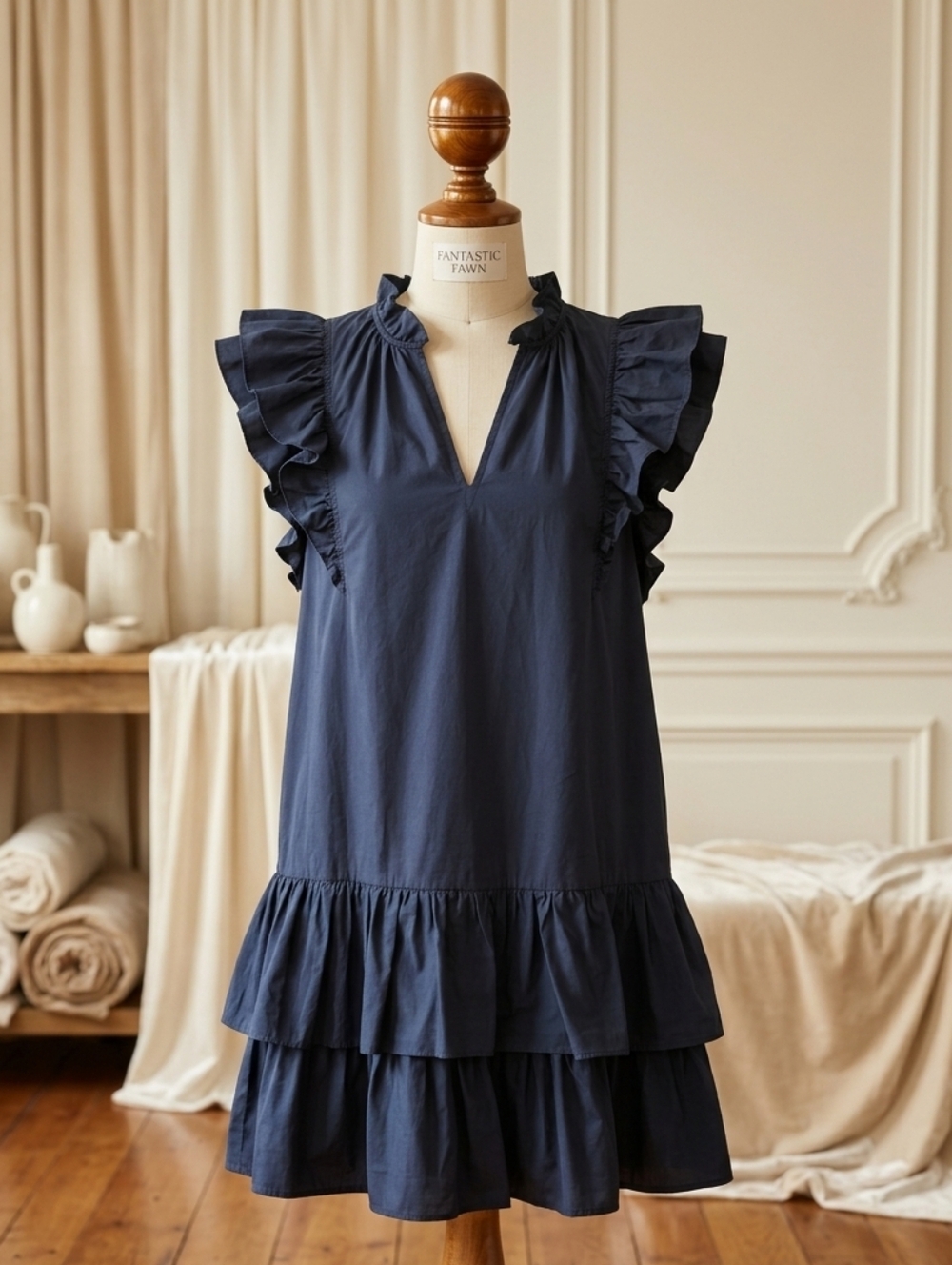 Fantastic Fawn Navy Ruffle Dress | Flutter Sleeve Tiered Mini S/M